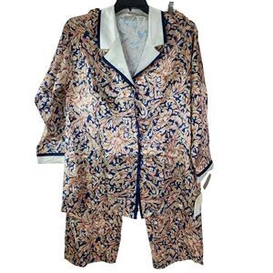 NWT Vintage Appel Womens Floral Satin Sleepwear Pajamas Blue Pink Button